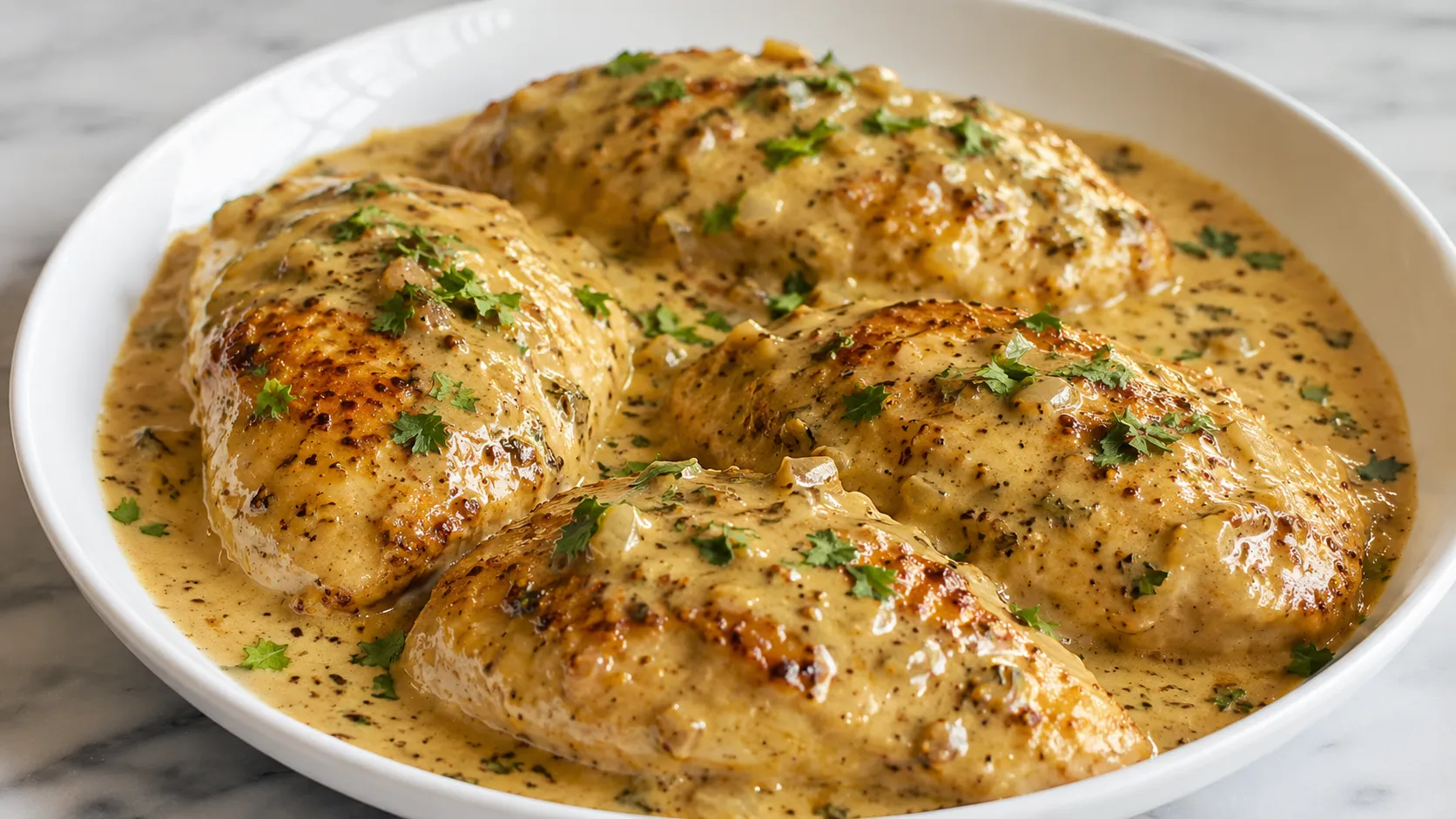 Mary Berry Dijon Chicken with golden-brown chicken breasts in creamy mustard sauce and fresh parsley
