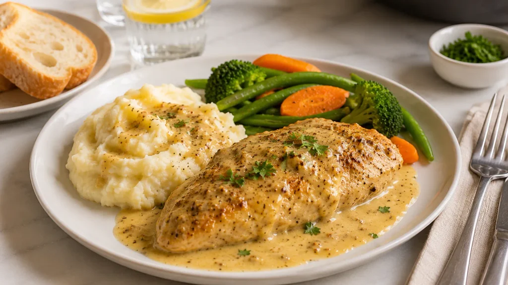 Mary Berry Dijon Chicken served with creamy mustard sauce, mashed potatoes, steamed vegetables, and fresh parsley