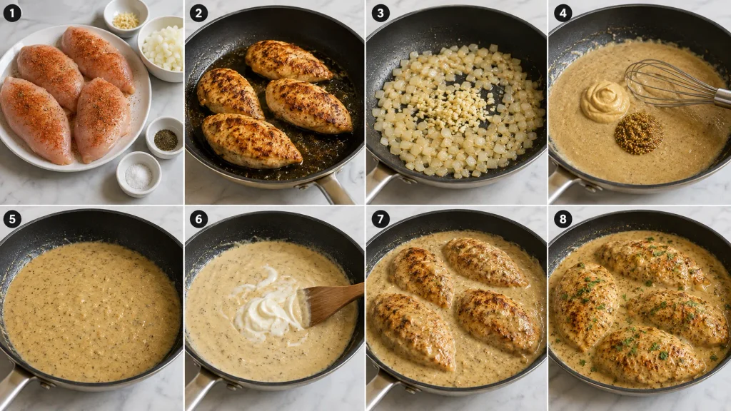 Mary Berry Dijon Chicken cooking process shown in eight chronological steps from seasoned chicken to creamy mustard chicken