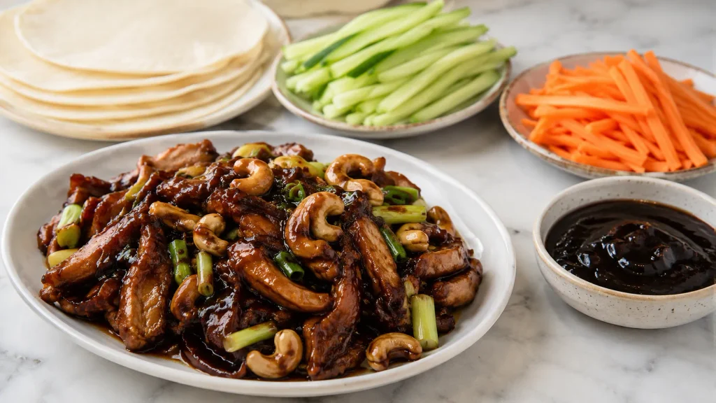 Mary Berry Hoisin Chicken Recipe served with cucumber, carrots and Chinese rice pancakes