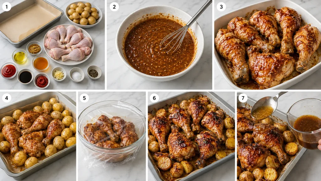 Mary Berry Honey Mustard Chicken cooking process with glazed chicken and roasting potatoes