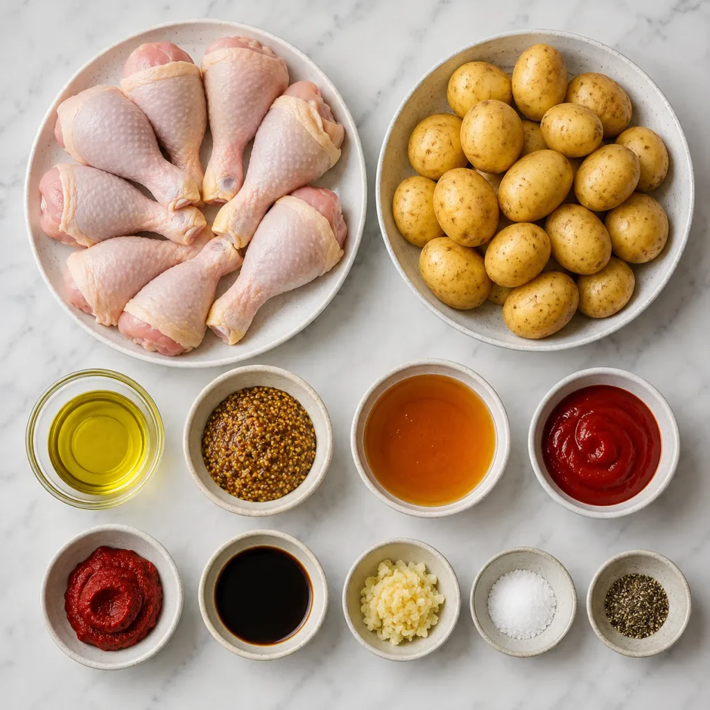 Ingredients for Mary Berry Honey Mustard Chicken with chicken legs and new potatoes