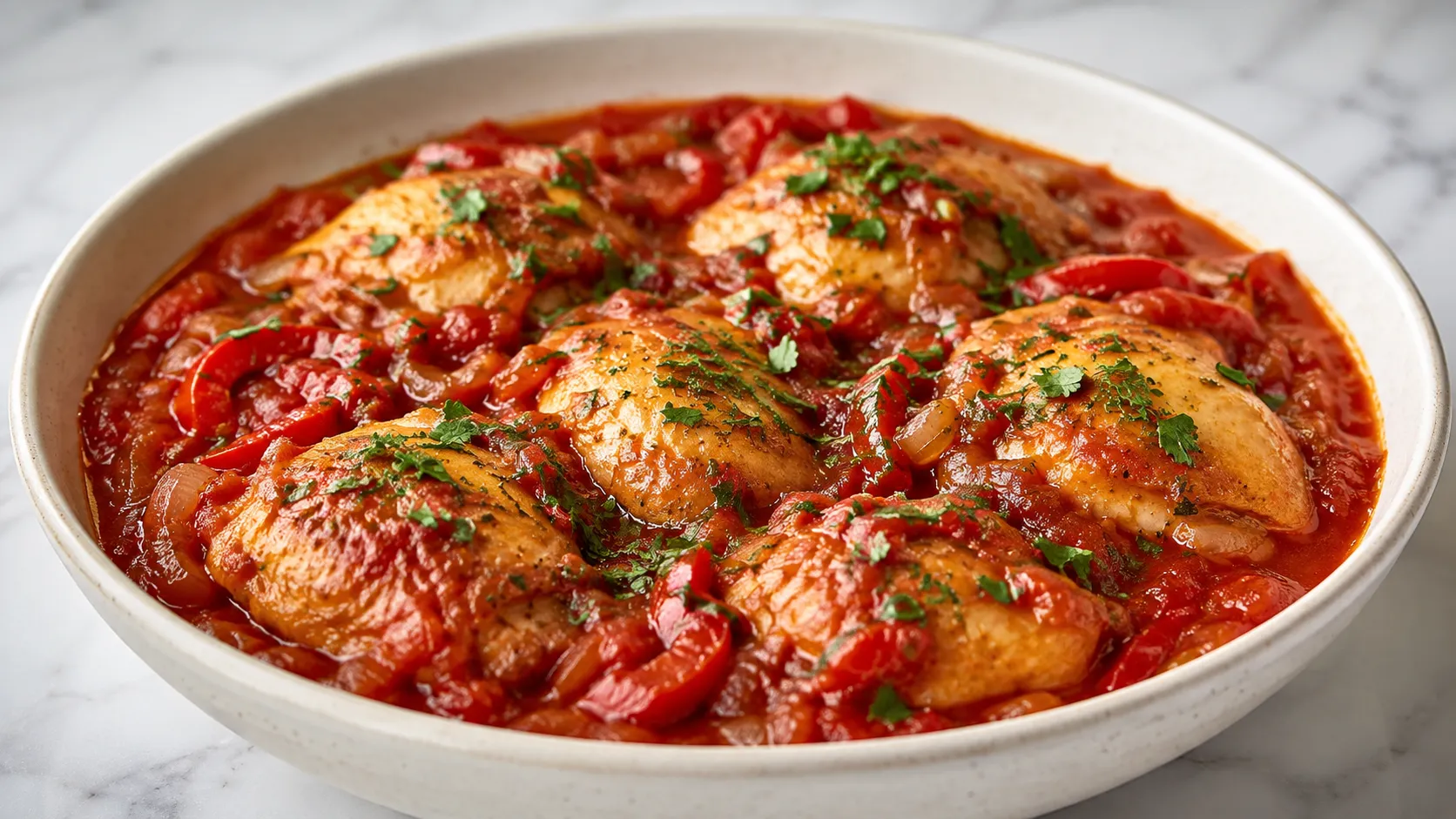 Mary Berry Italian Chicken with golden chicken thighs in rich tomato sauce, red pepper, onion and fresh parsley