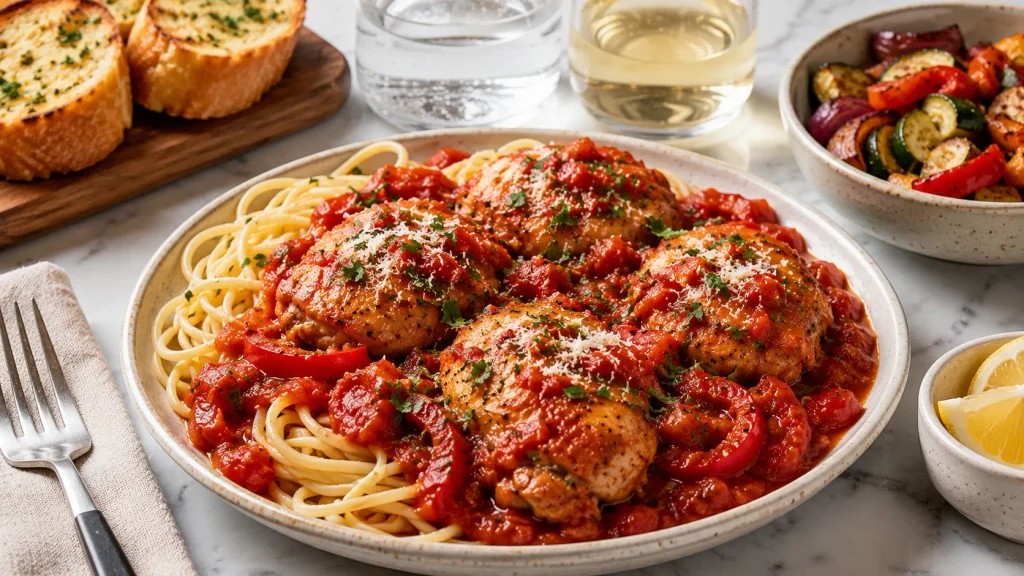 Mary Berry Italian Chicken served with pasta, tomato sauce, parsley and Parmesan alongside garlic bread and roasted vegetables