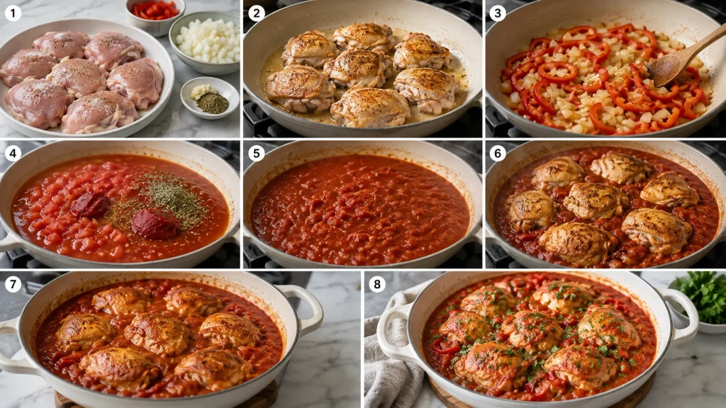 Mary Berry Italian Chicken cooking process showing seasoned chicken, browning, sautéed vegetables, tomato sauce, simmering and garnishing