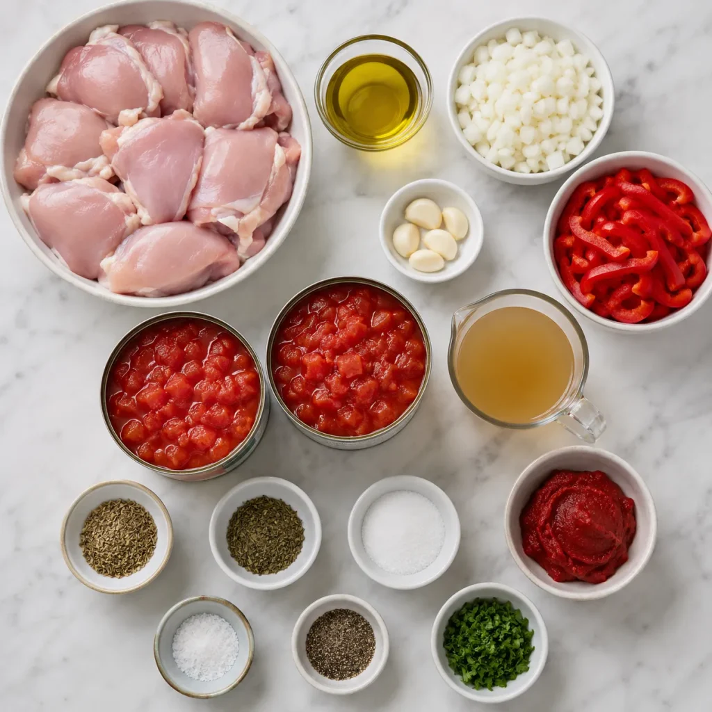 Ingredients for Mary Berry Italian Chicken including chicken thighs, tomatoes, red pepper, onion, garlic, herbs and parsley