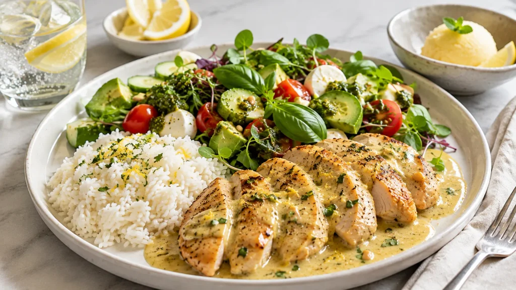 Mary Berry Lemon Chicken served with Mediterranean-style salad and fresh garnishes