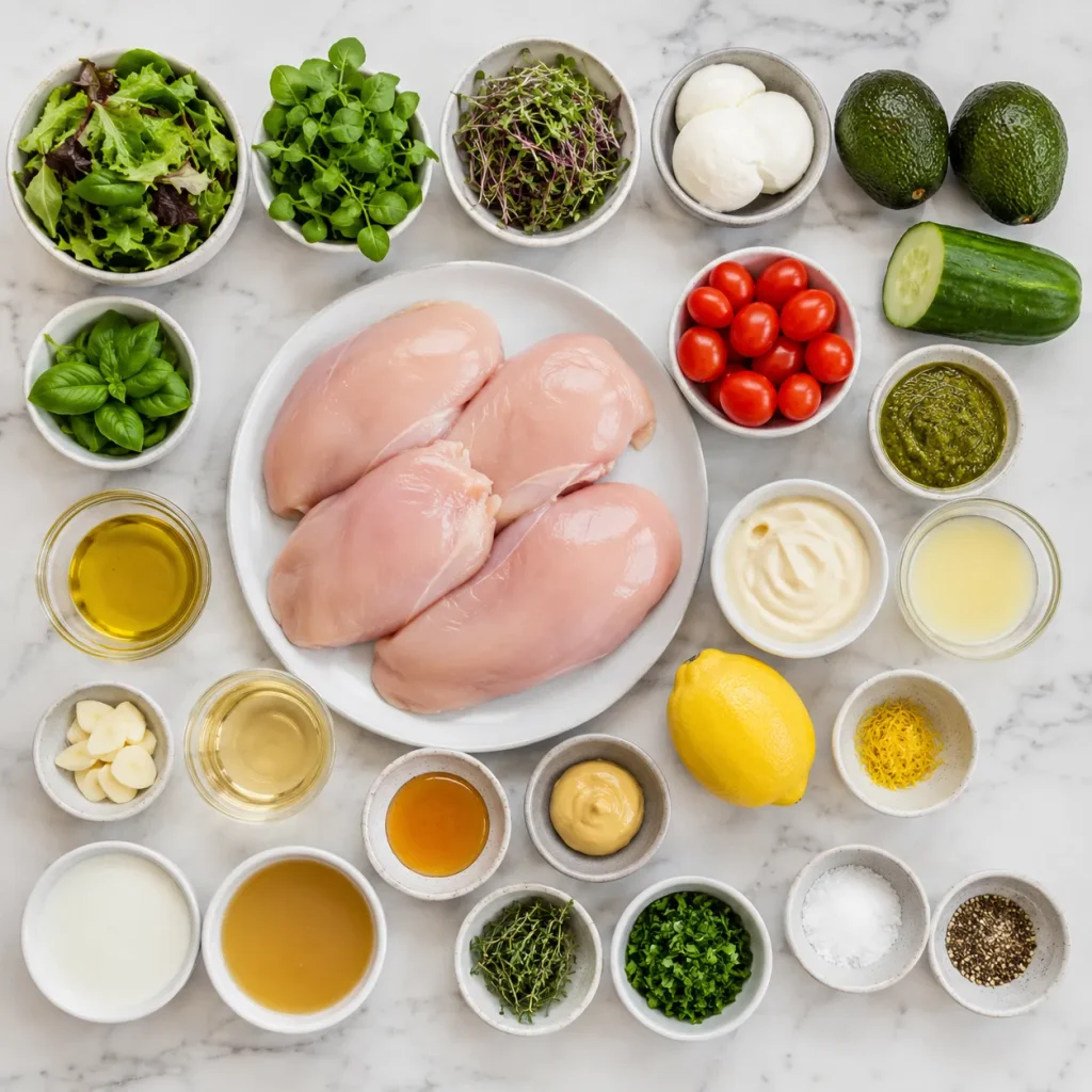 Ingredients for Mary Berry Lemon Chicken and Mediterranean-style salad
