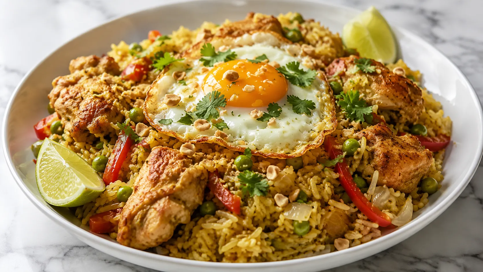 Mary Berry Malay Chicken Rice with golden chicken, fluffy basmati rice, peas, red pepper, fried egg, coriander, peanuts, and lime wedges