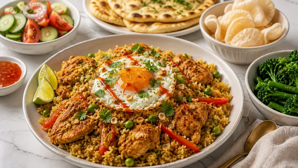 Mary Berry Malay Chicken Rice served with a fried egg, coriander, peanuts, lime wedges, cucumber and tomato salad, naan, steamed greens, prawn crackers, and chili sauce