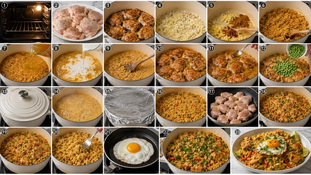 Step-by-step cooking process for Mary Berry Malay Chicken Rice, from seasoning and browning chicken to cooking the rice, adding peas, frying an egg, and serving