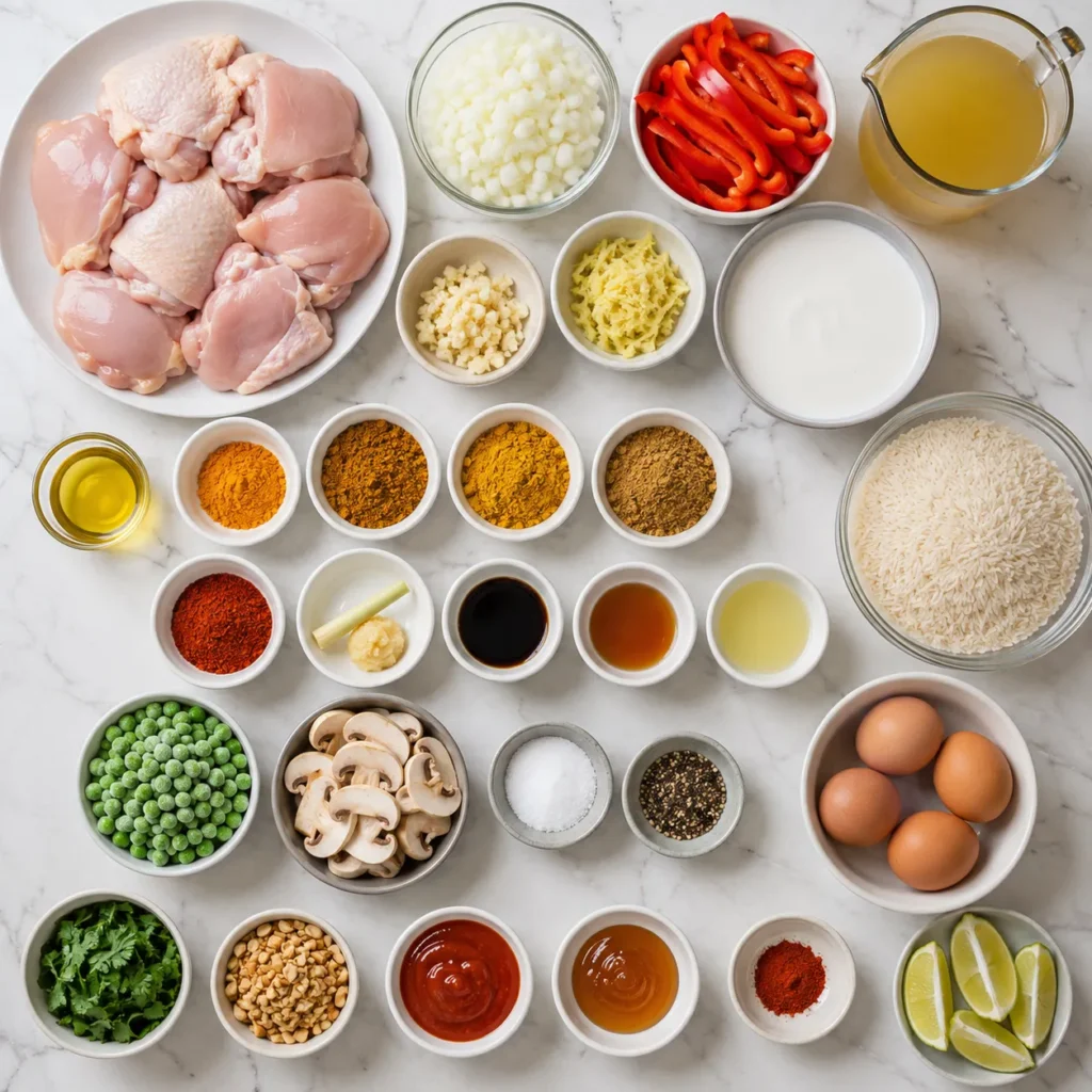 Ingredients for Mary Berry Malay Chicken Rice arranged in bowls, including chicken, basmati rice, spices, coconut milk, vegetables, sauces, eggs, peas, mushrooms, coriander, peanuts, and limes