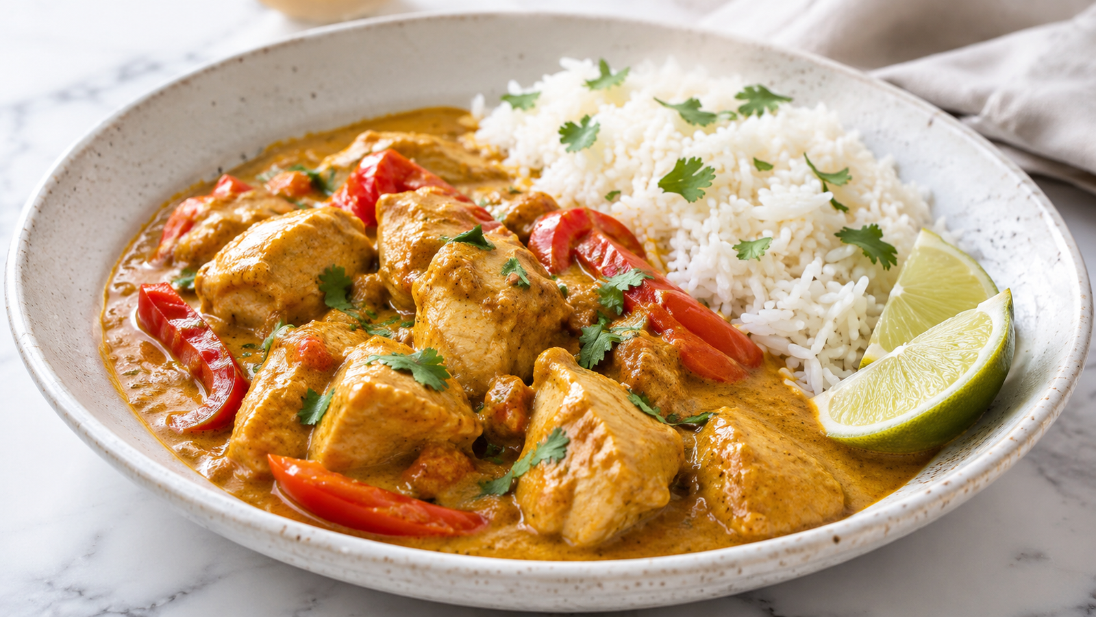 Mary Berry Malaysian Chicken Curry with tender chicken, creamy golden curry sauce, red pepper, coriander, jasmine rice and lime wedges
