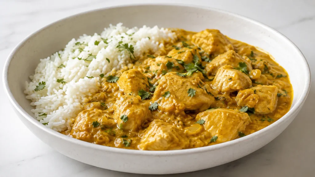 Mary Berry Mango Chicken with tender chicken in creamy golden mango curry sauce and steamed rice