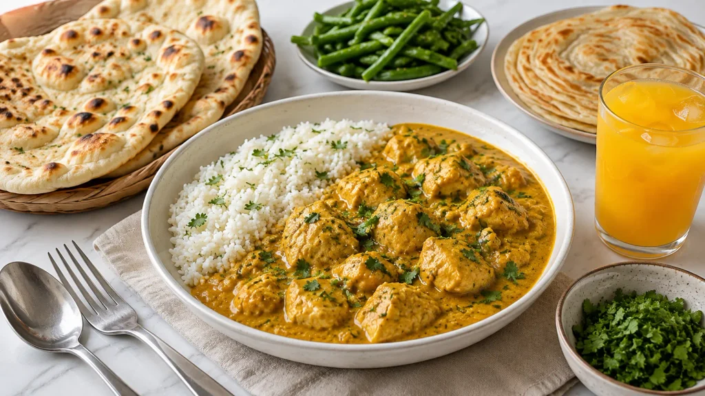 Mary Berry Mango Chicken served with steamed rice, naan, green beans, parotta and fresh coriander with mango juice