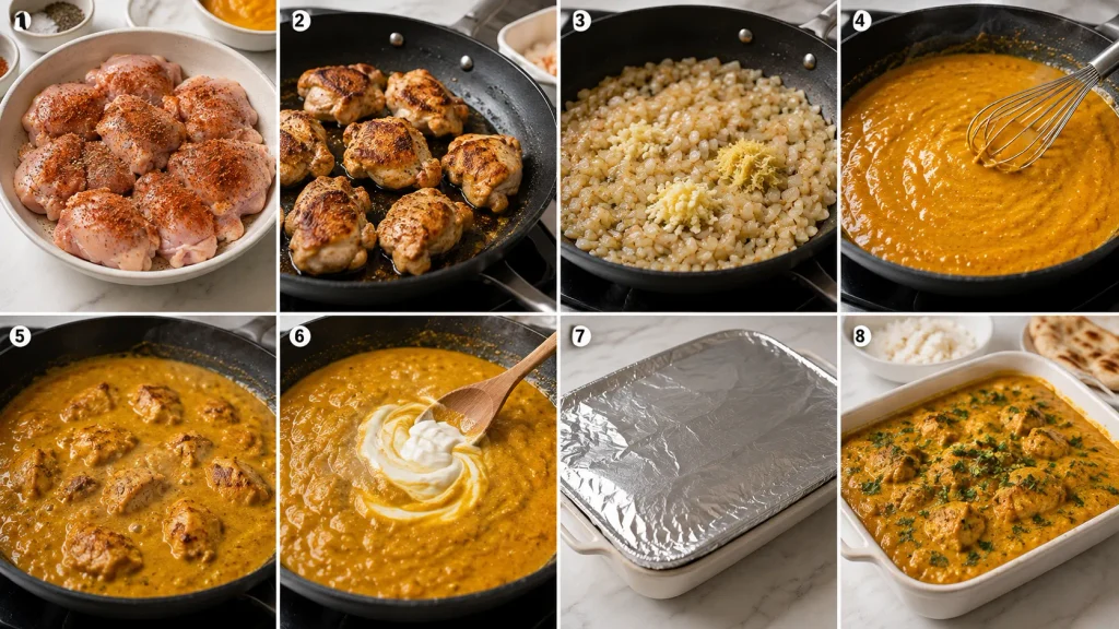 Mary Berry Mango Chicken cooking process showing seasoned chicken, browned chicken, aromatics, mango curry sauce, simmering chicken, crème fraîche, covered baking dish and finished curry