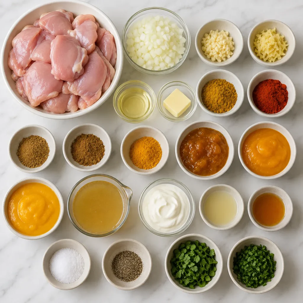 Mary Berry Mango Chicken ingredients arranged on a marble surface with chicken, mango purée, chutney, spices, aromatics, stock, crème fraîche and fresh herbs