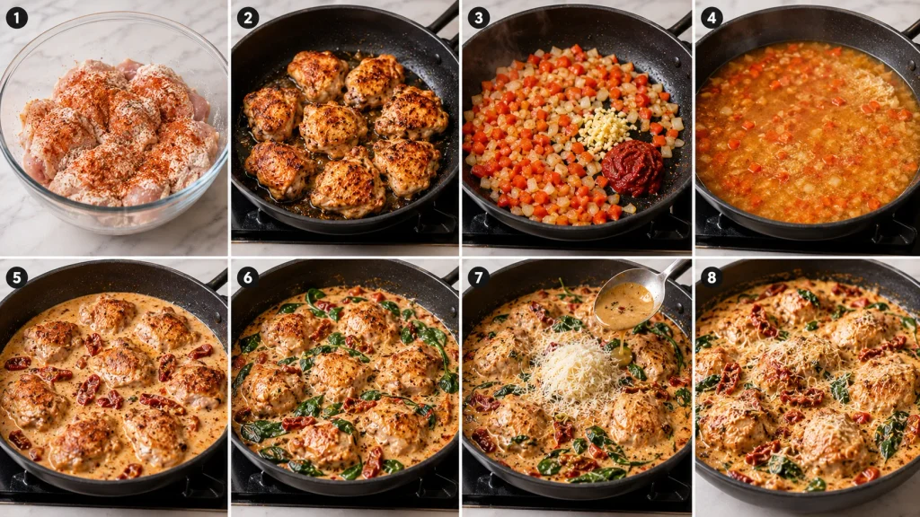 Step-by-step Mary Berry Marry Me Chicken showing seasoned chicken, browning, sauce preparation, simmering, spinach and Parmesan