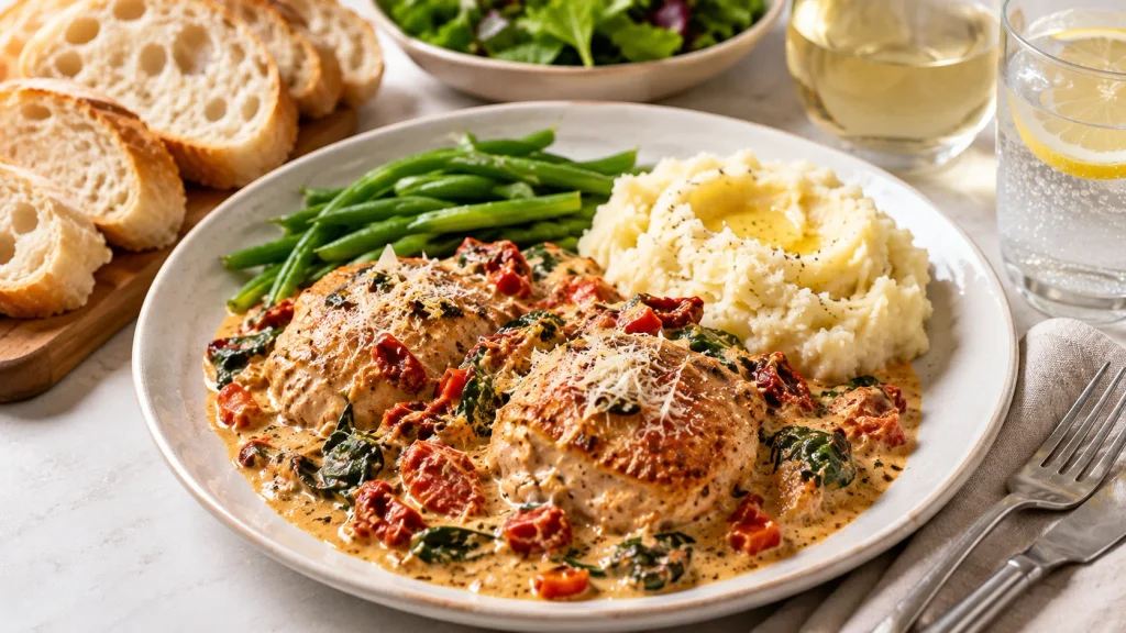 Mary Berry Marry Me Chicken served with creamy mashed potatoes, green vegetables, crusty bread and lemon sparkling water