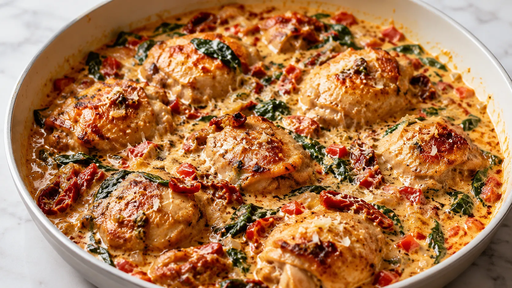 Mary Berry Marry Me Chicken with browned chicken, creamy tomato sauce, spinach, sun-blushed tomatoes and Parmesan