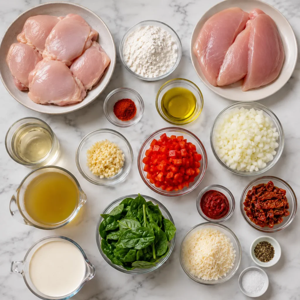 Ingredients for Mary Berry Marry Me Chicken including chicken, flour, paprika, vegetables, sun-blushed tomatoes, cream, spinach and Parmesan