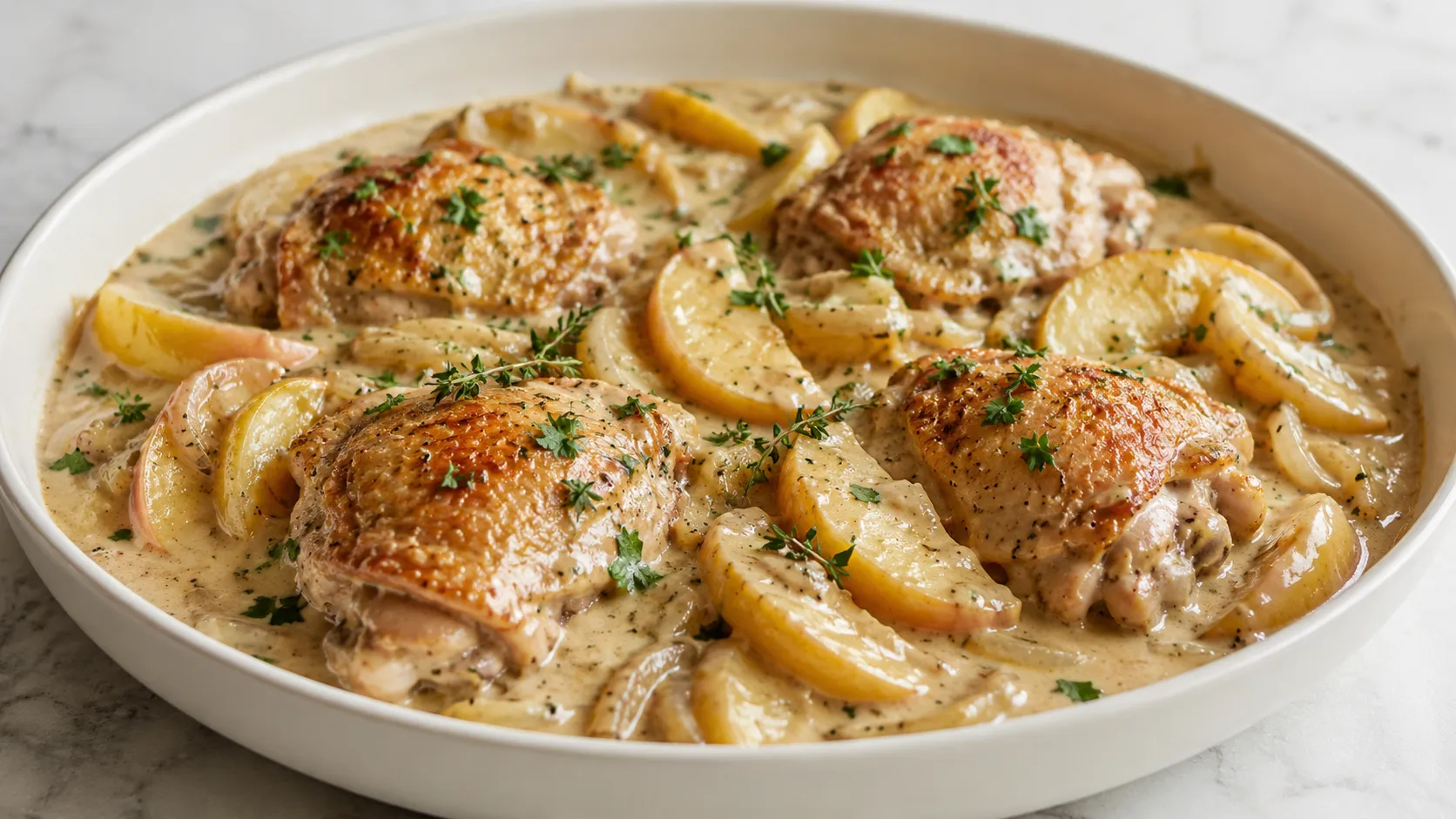 Mary Berry Normandy Chicken with creamy cider sauce, apple wedges, onions, parsley and thyme