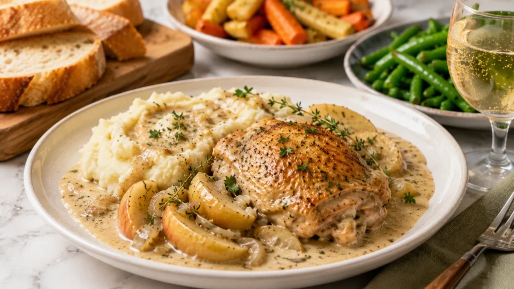 Mary Berry Normandy Chicken served with creamy mashed potatoes, roasted vegetables, green beans, crusty bread and sparkling apple juice