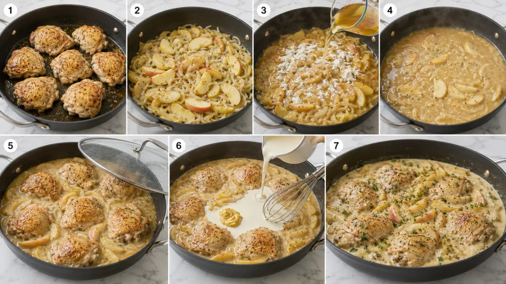 Step-by-step cooking process for Mary Berry Normandy Chicken with browned chicken, apples, cider sauce, cream and mustard