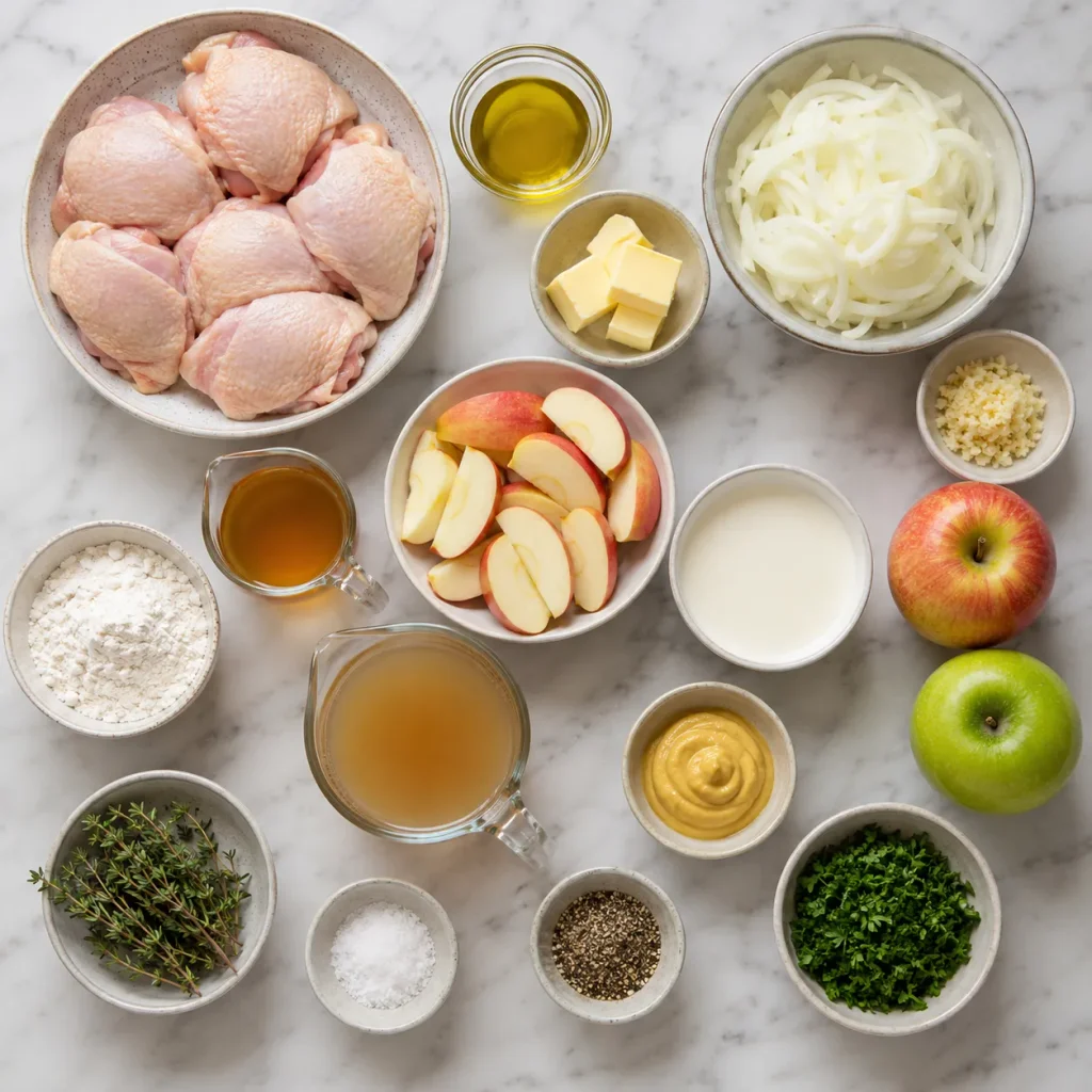 Ingredients for Mary Berry Normandy Chicken arranged in a flat-lay, including chicken thighs, apples, onion, cider, cream and herbs
