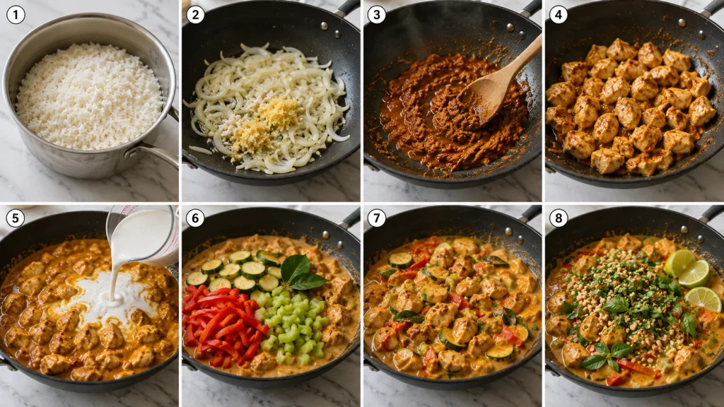 Mary Berry Panang Chicken cooking process in step-by-step panels