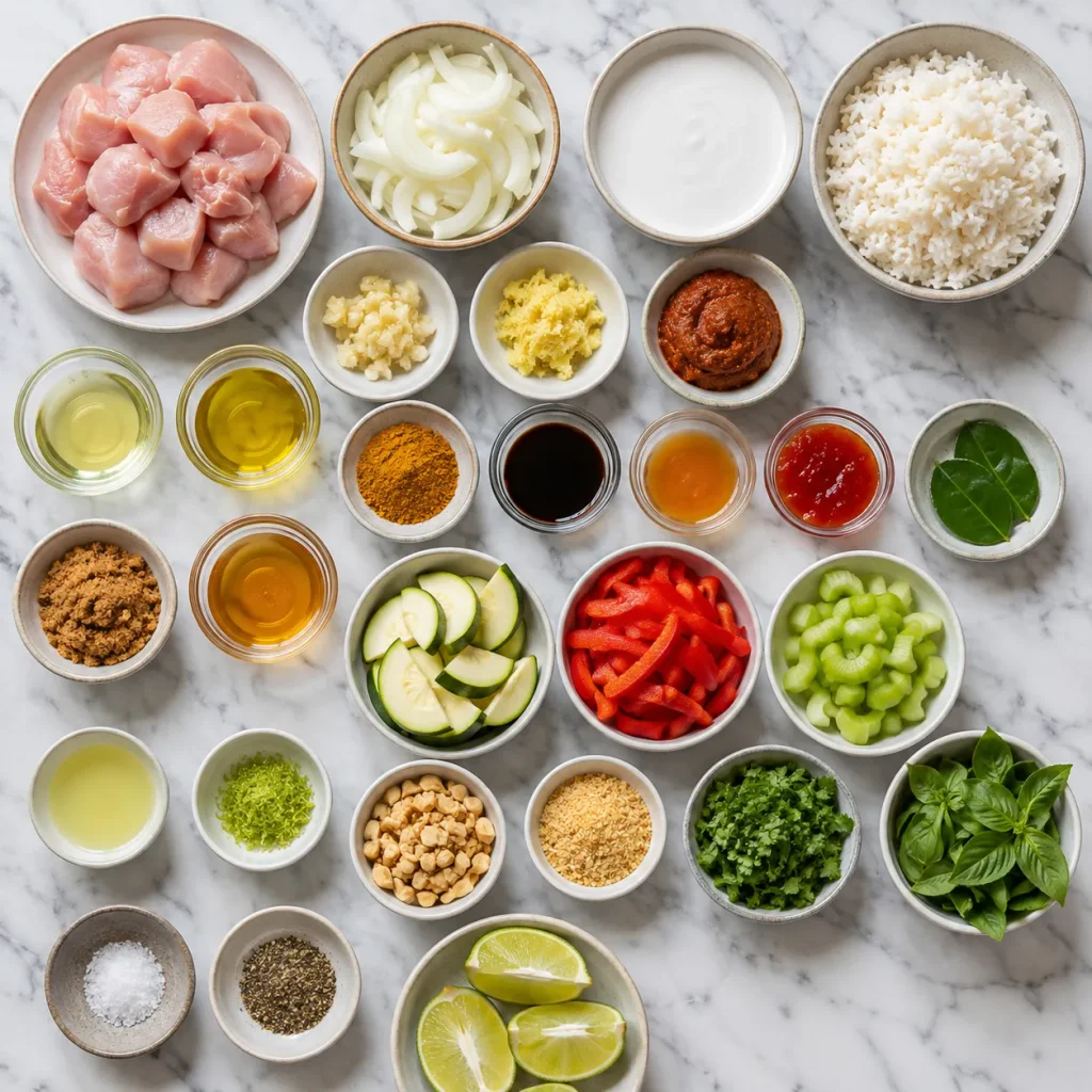 Ingredients for Mary Berry Panang Chicken arranged for cooking