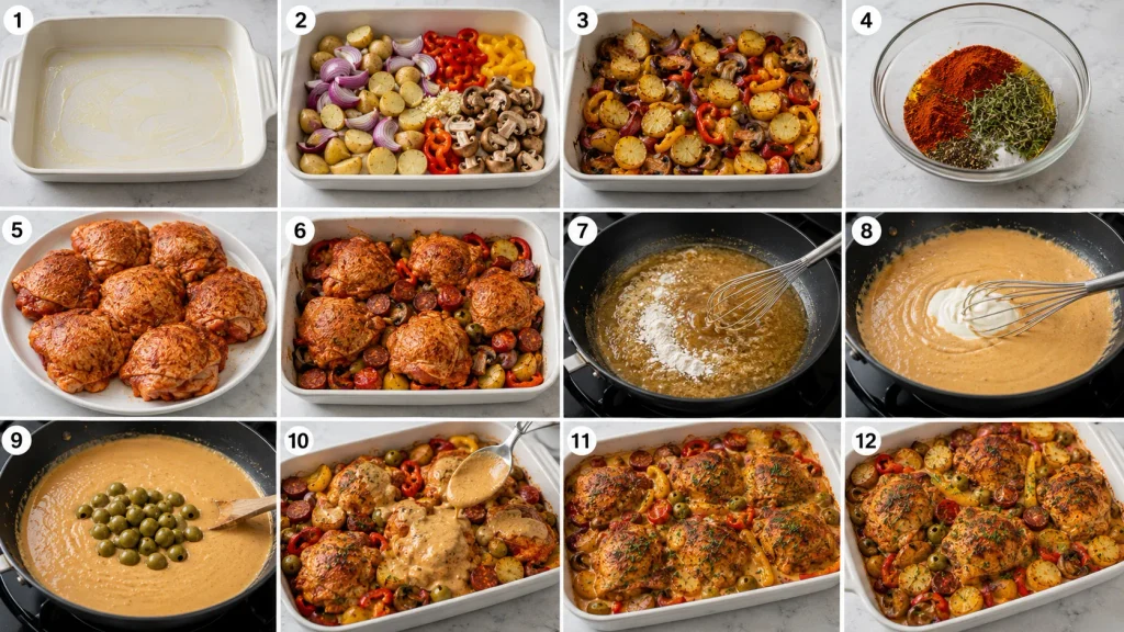 Step-by-step preparation of Mary Berry Paprika Chicken Thighs with roasted vegetables, chorizo and creamy sauce