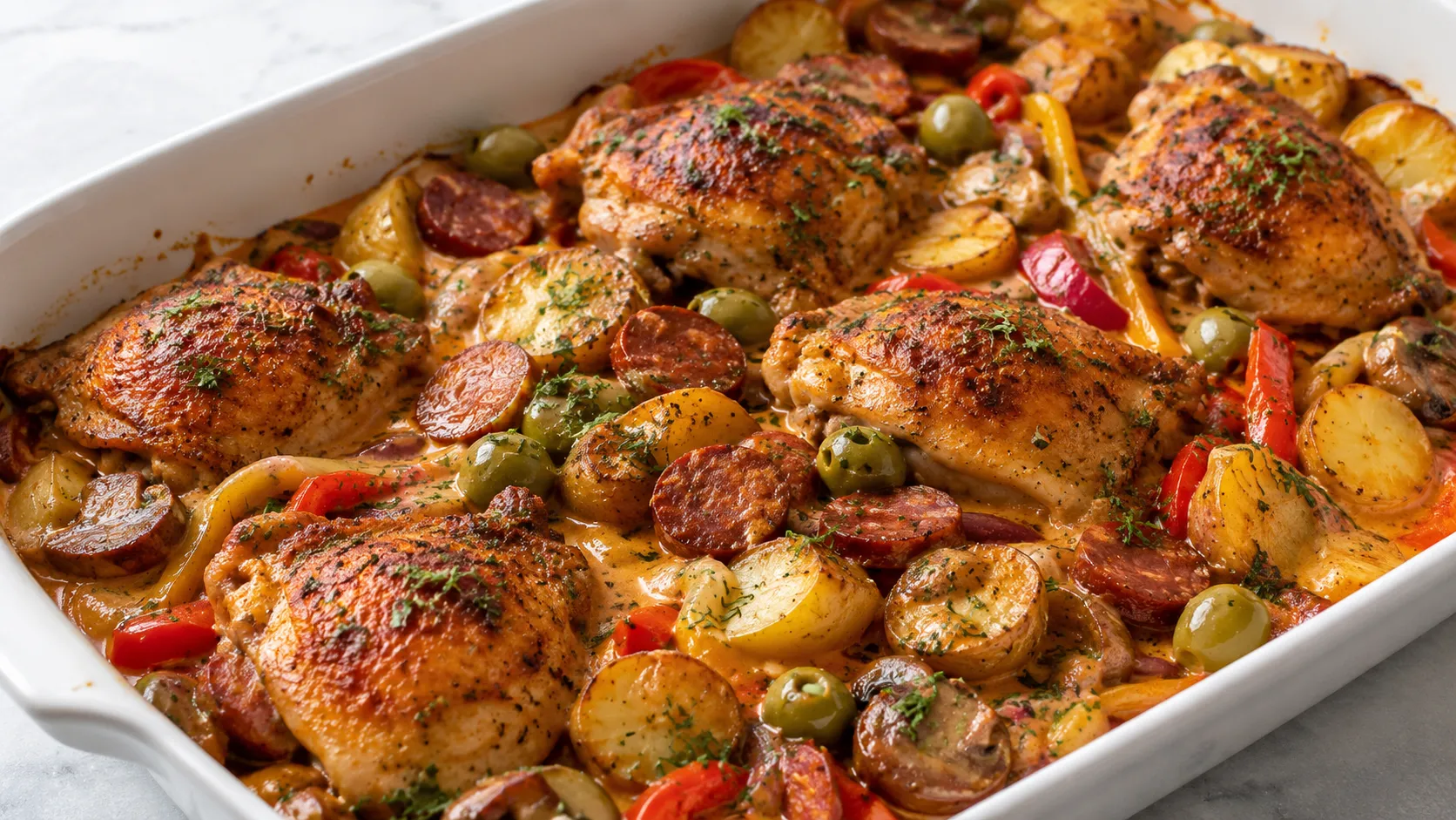 Mary Berry Paprika Chicken Thighs Recipe with crispy chicken, roasted vegetables and creamy paprika sauce
