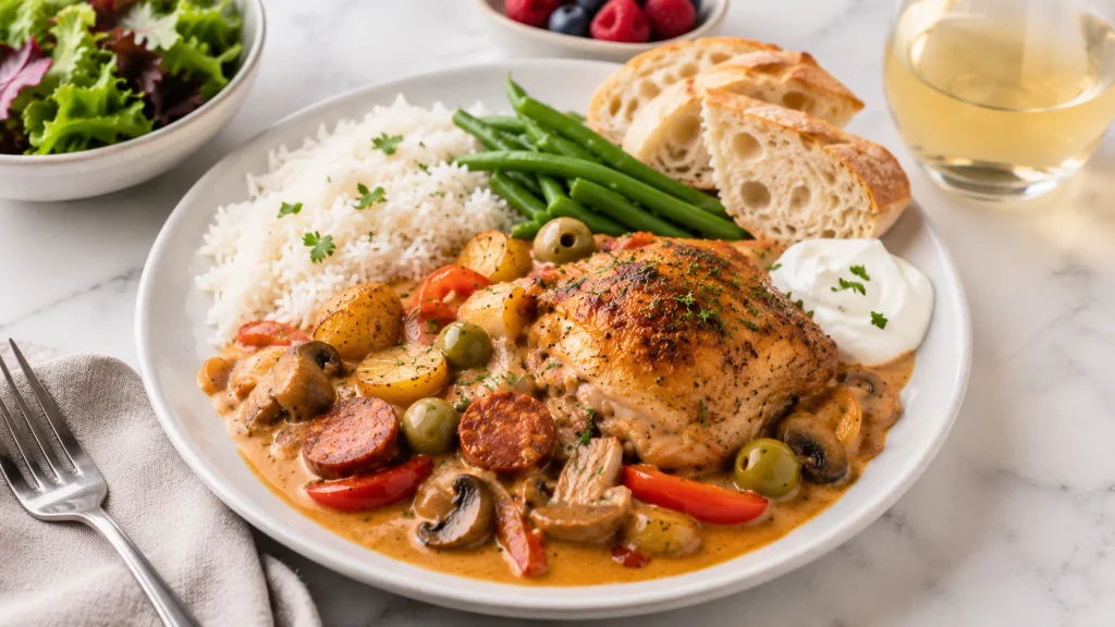 Mary Berry Paprika Chicken Thighs served with roasted potatoes, vegetables, chorizo, green olives and creamy paprika sauce