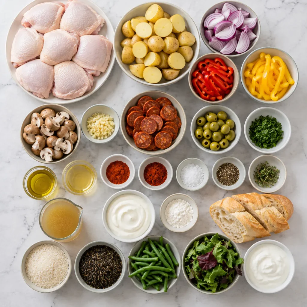 Ingredients for Mary Berry Paprika Chicken Thighs Recipe including chicken thighs, paprika, vegetables, chorizo and green olives