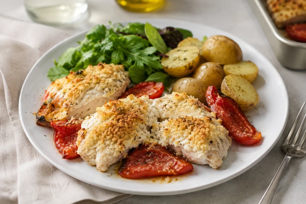 Mary Berry Parmesan Chicken with a creamy Parmesan and breadcrumb topping, roasted red pepper wedges, green salad, and golden new potatoes on a white plate.