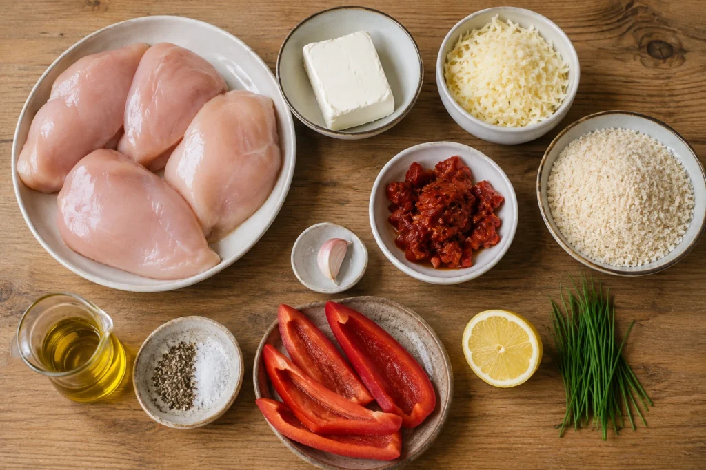 Ingredients for Mary Berry Parmesan Chicken arranged on a wooden kitchen counter, including chicken breasts, cream cheese, Parmesan, breadcrumbs, sun-blushed tomatoes, garlic, lemon, chives, red pepper, olive oil, salt, and black pepper.