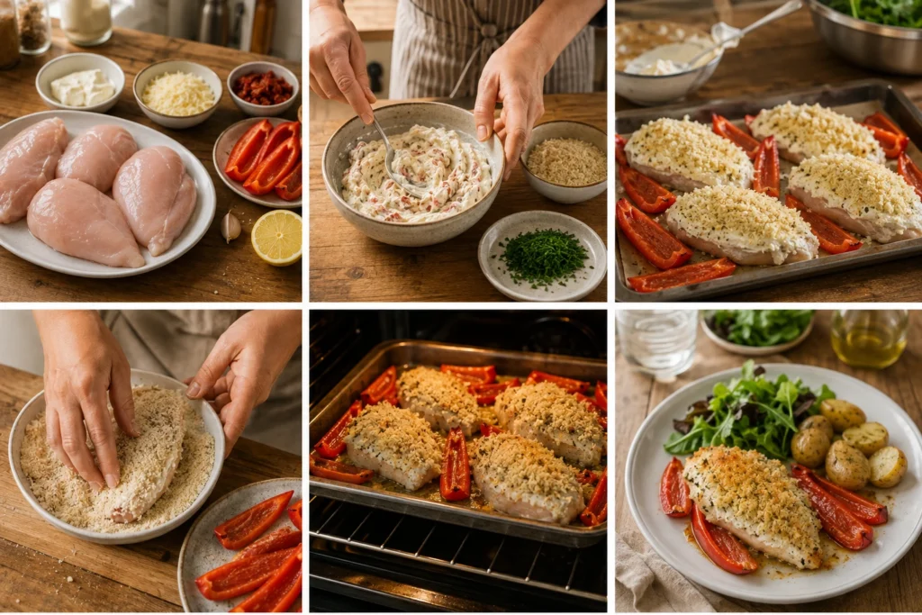 Step-by-step preparation of Parmesan chicken showing the creamy filling, breadcrumb coating, red pepper wedges, baking tray, oven-baked chicken, and finished dish.