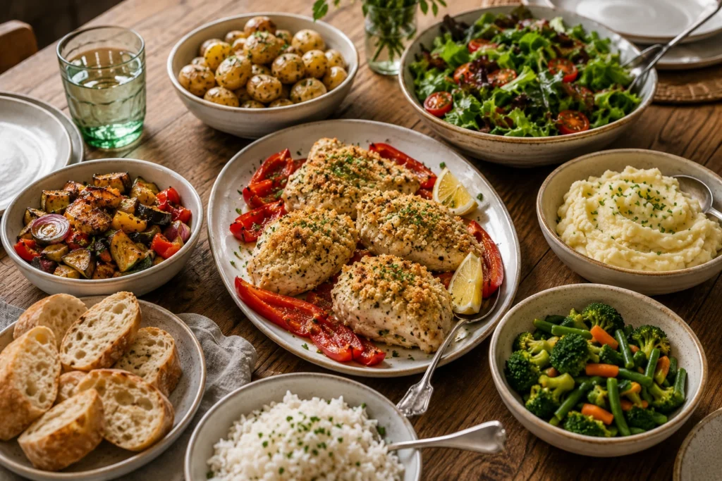 Parmesan chicken served with roasted red peppers alongside new potatoes, green salad, mashed potatoes, steamed vegetables, roasted vegetables, rice, and crusty bread.