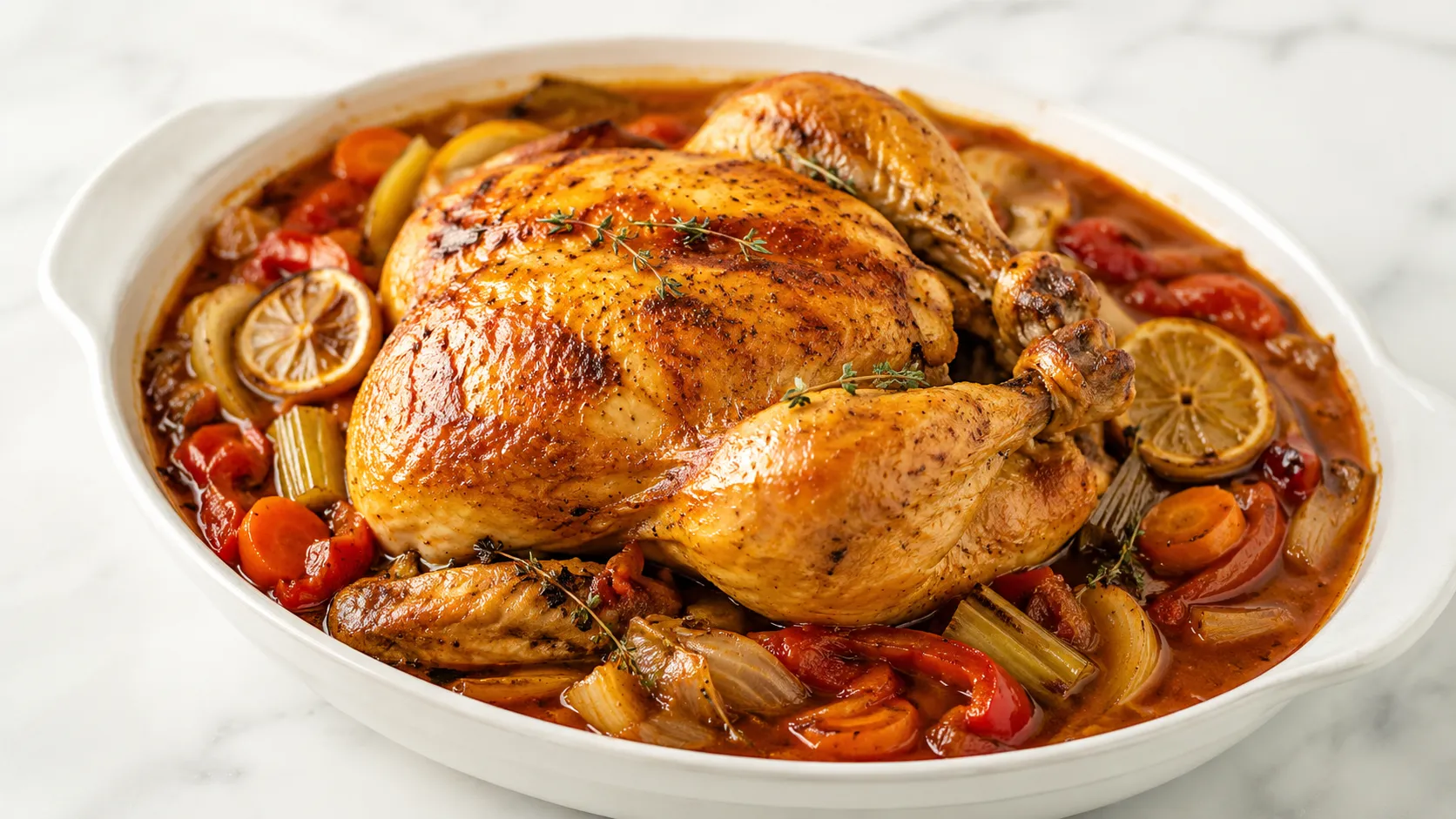 Mary Berry Pot Roast Chicken with golden roasted chicken, vegetables, lemon, thyme, and rich gravy