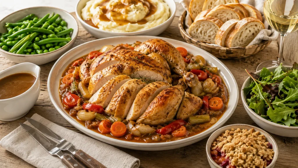 Mary Berry Pot Roast Chicken served with gravy, roasted vegetables, mashed potatoes, green beans, peas, crusty bread, and salad