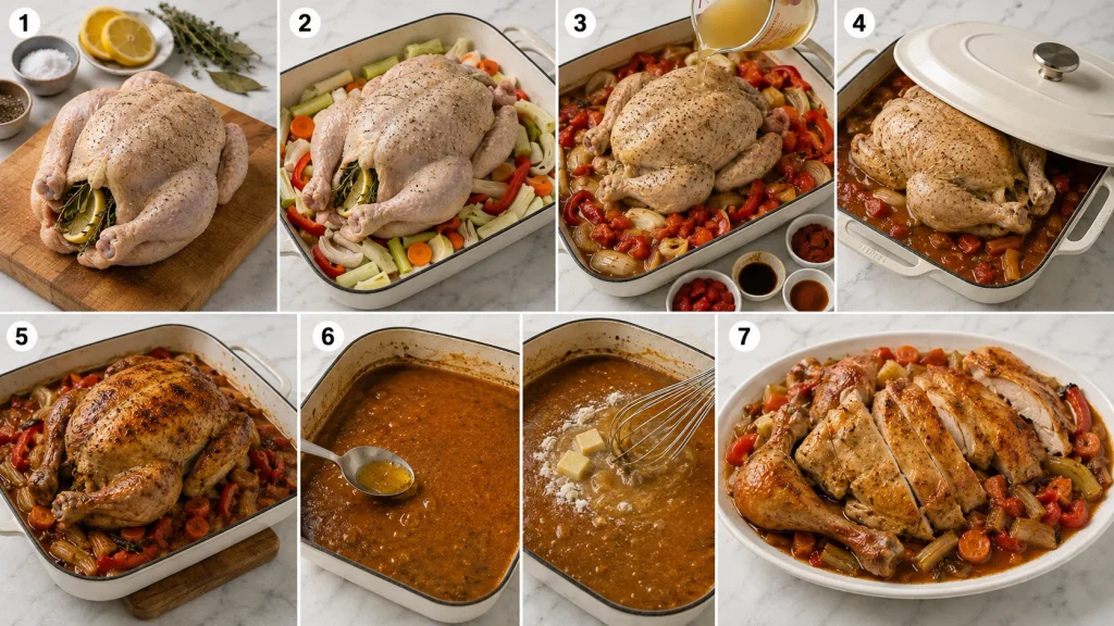 Mary Berry Pot Roast Chicken cooking steps showing seasoned chicken, vegetables, cooking liquid, roasting, gravy preparation, and serving