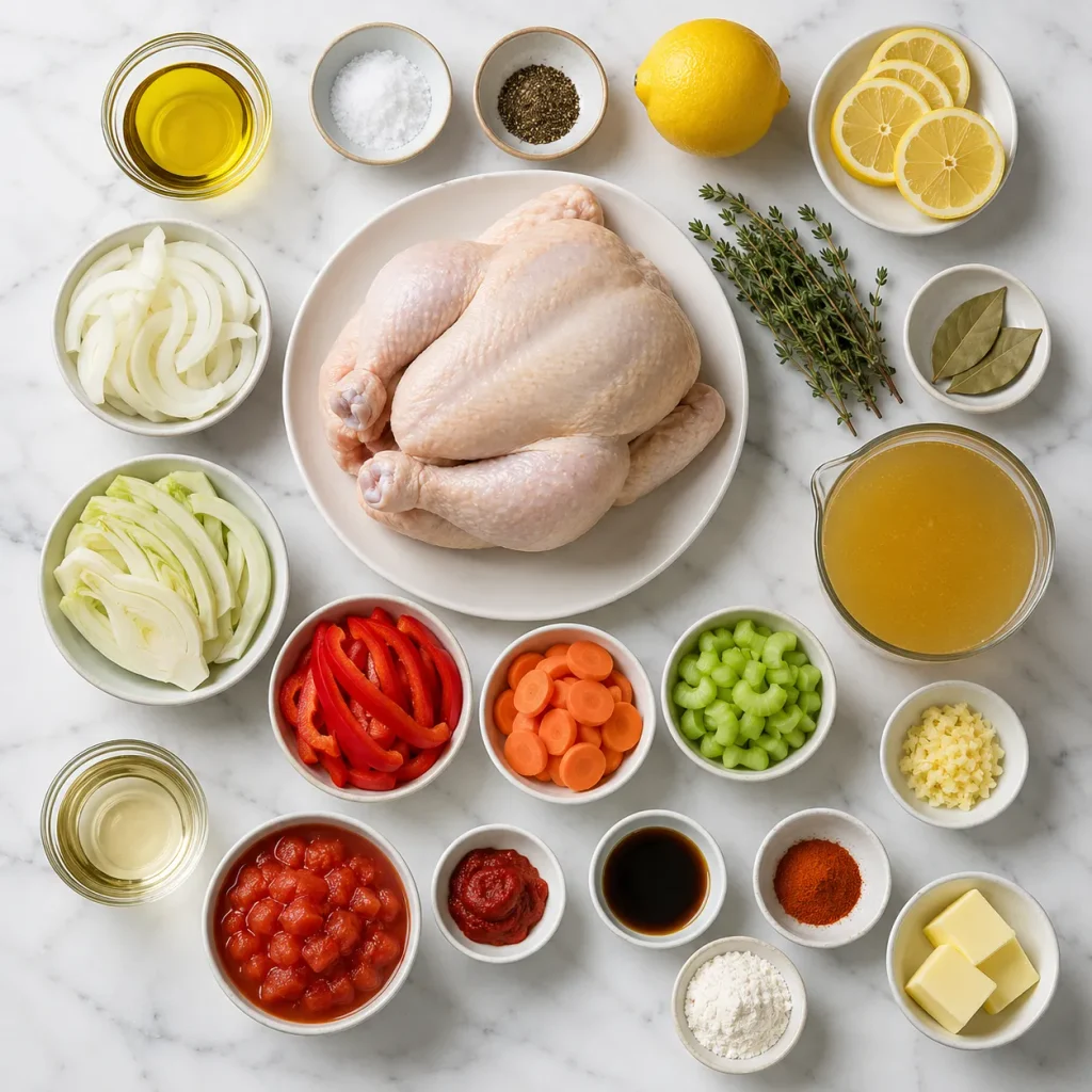 Ingredients for Mary Berry Pot Roast Chicken arranged around a whole chicken, including vegetables, herbs, stock, sauces, spices, and butter