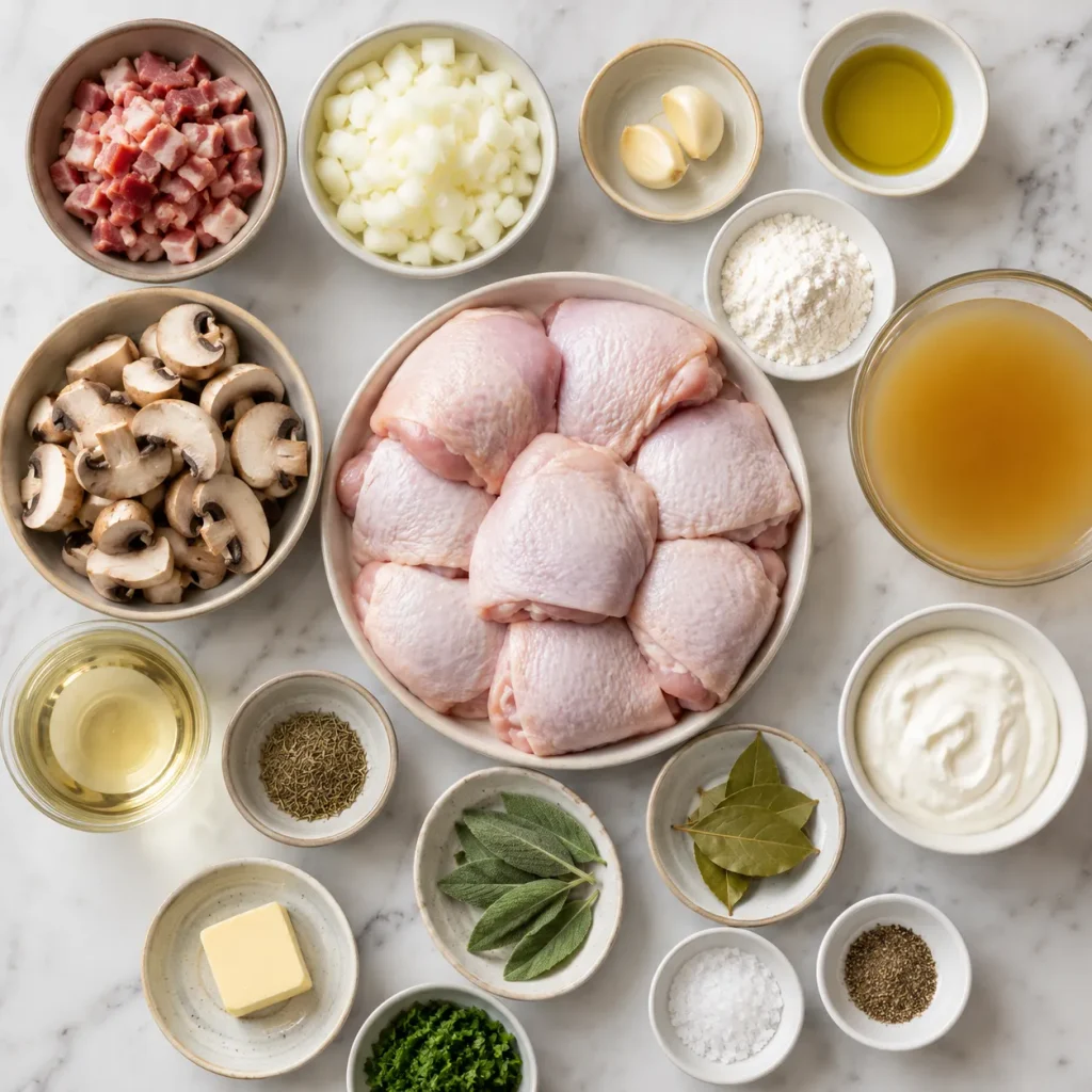 Ingredients for Mary Berry Slow Cooker Chicken Casserole Recipe including chicken thighs, bacon, mushrooms and herbs