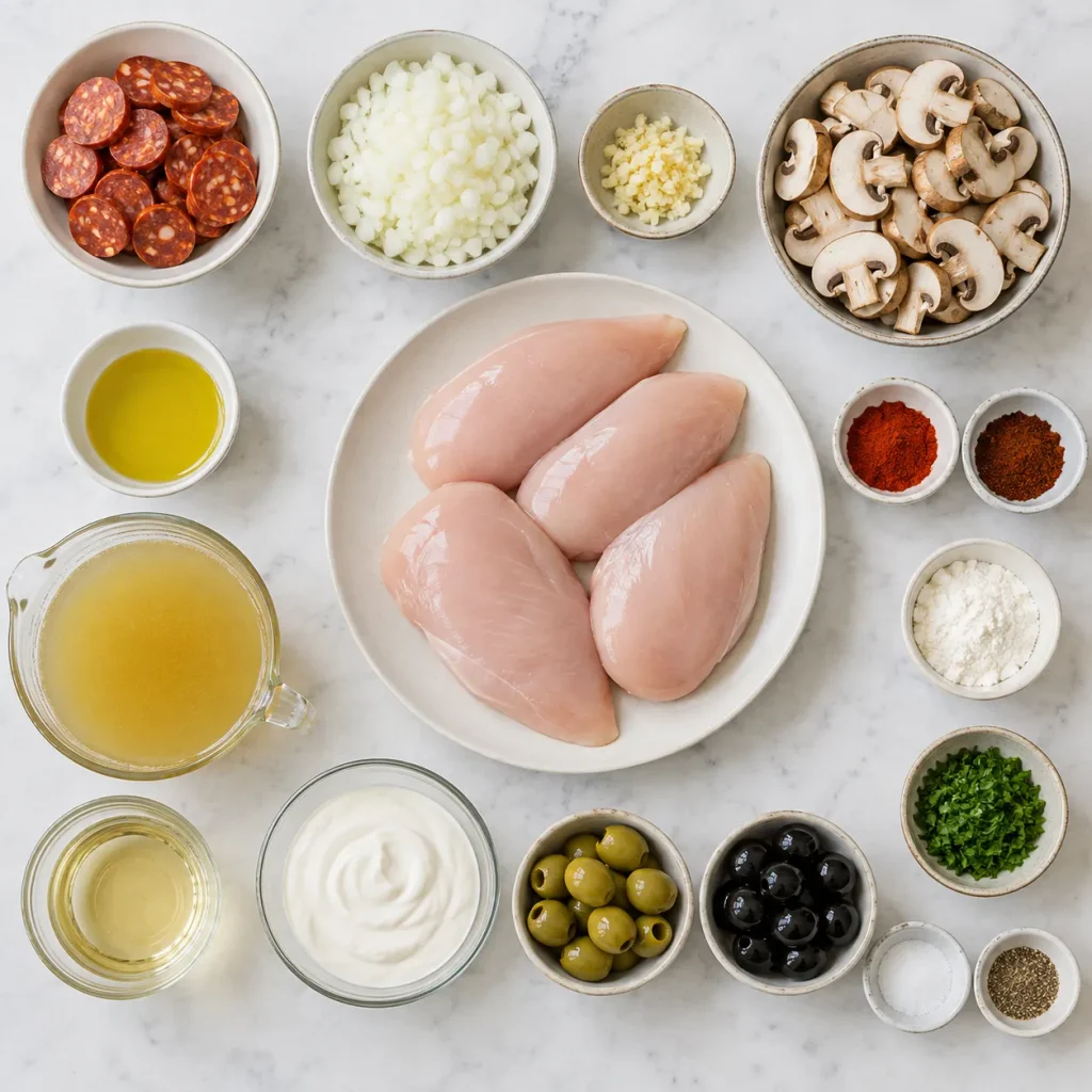 Ingredients for Mary Berry Spanish Chicken including chicken breasts, chorizo, mushrooms, olives and paprika