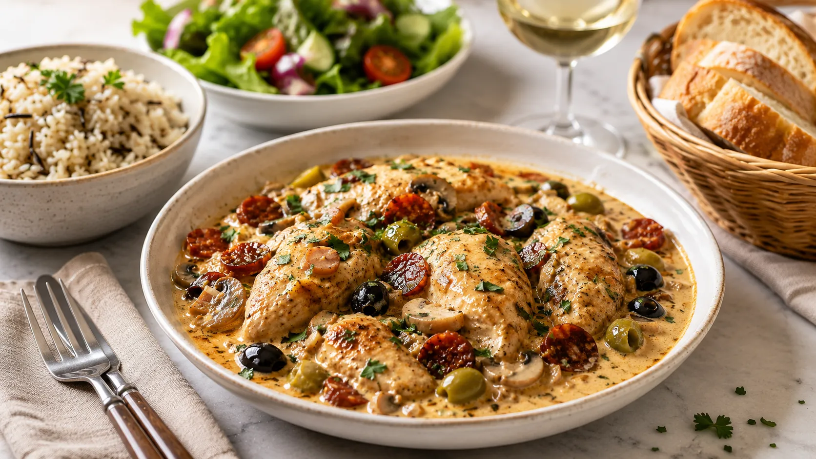 Mary Berry Spanish Chicken served hot with creamy sauce, olives, chorizo and fresh parsley