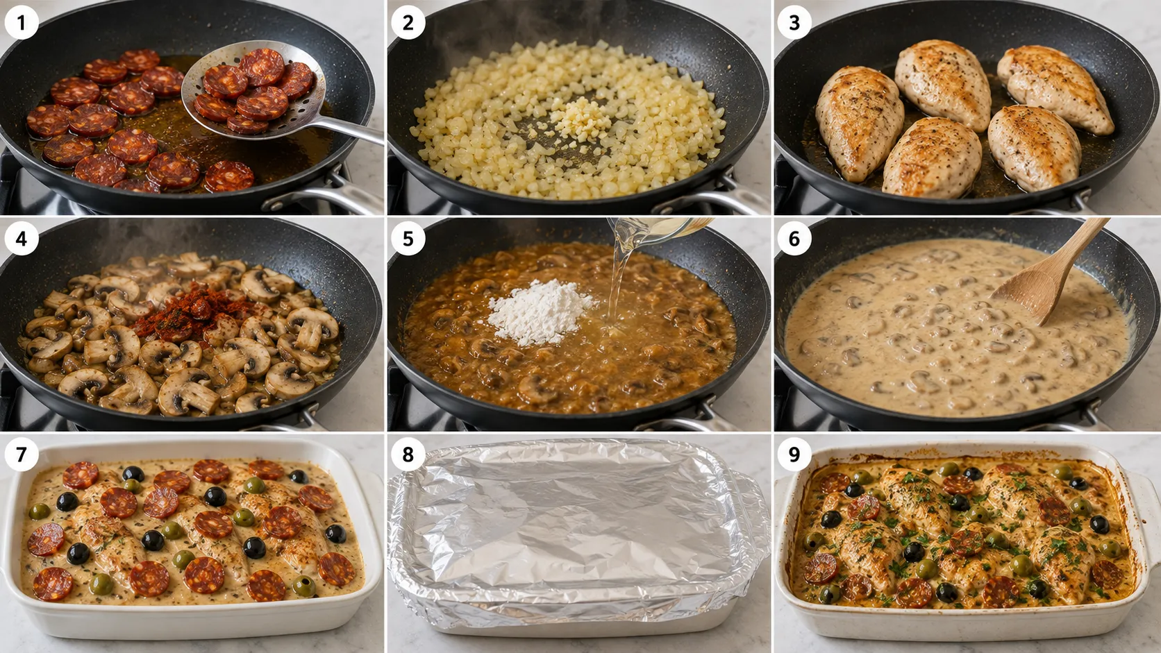 Step-by-step preparation of Mary Berry Spanish Chicken with browned chicken, creamy sauce, chorizo and olives