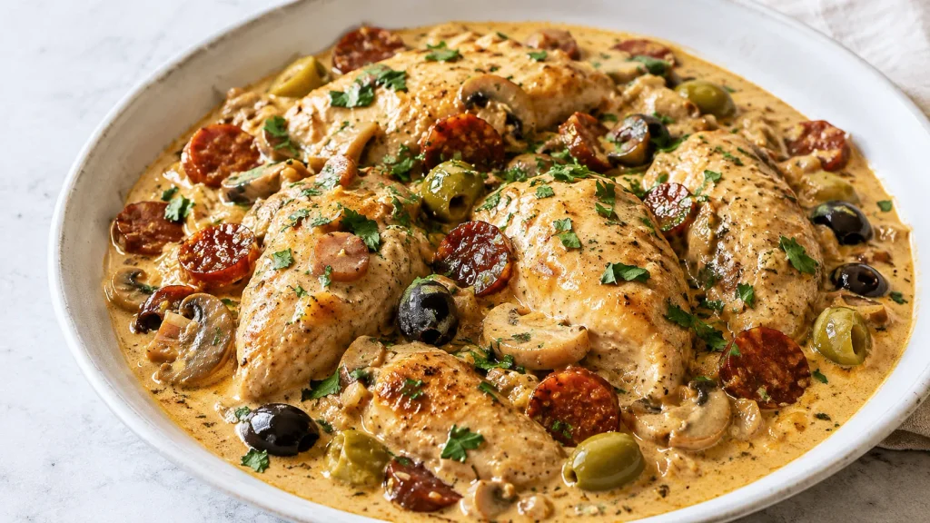 Mary Berry Spanish Chicken with creamy paprika sauce, chorizo, olives and parsley
