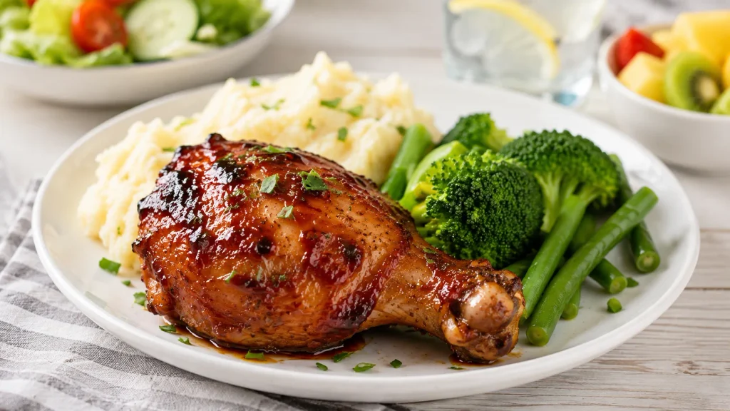 Mary Berry Sticky Chicken served with mashed potatoes, broccoli, green beans and fresh parsley