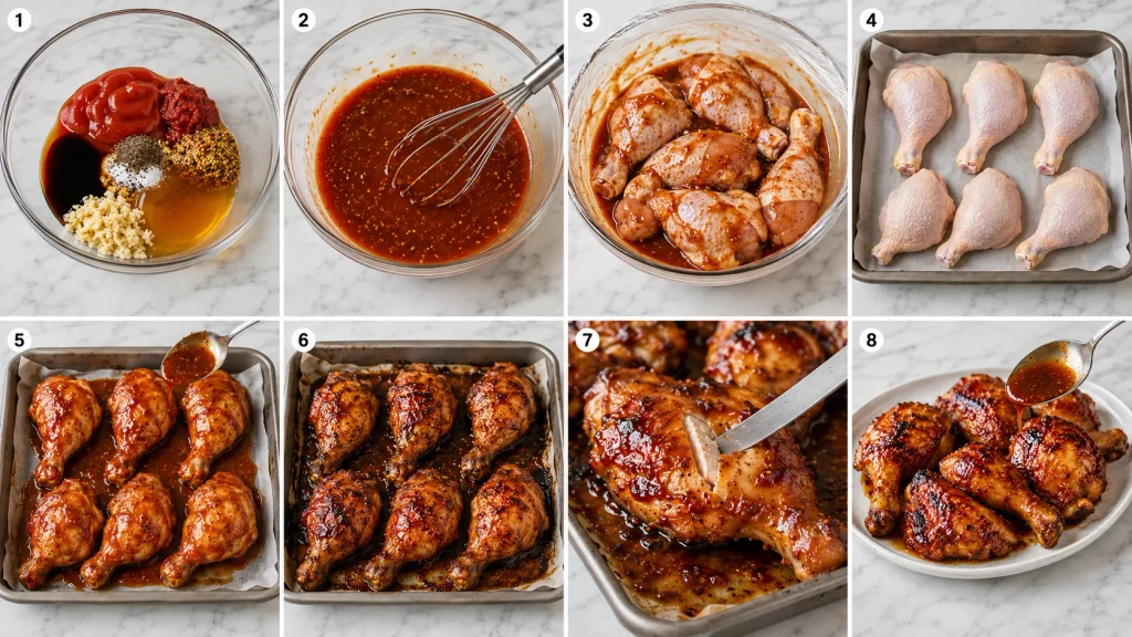 Step-by-step cooking process for Mary Berry Sticky Chicken from marinade preparation to finished glazed chicken